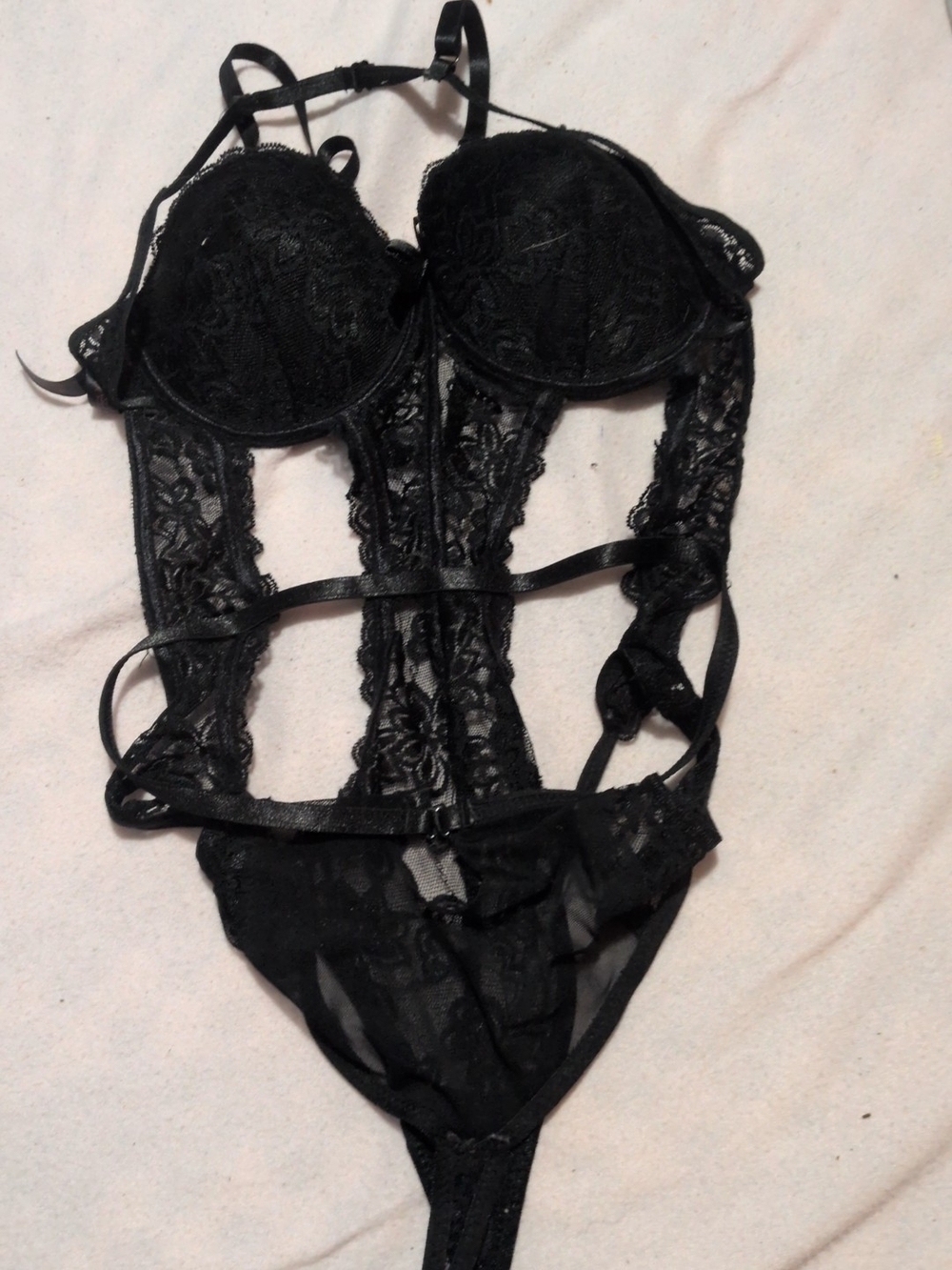 SEXY Black Lace Bandeau Bodysuit with Sheer Panels
